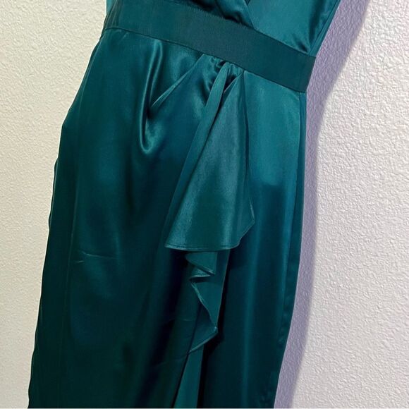 Banana Republic Silk Jewel GREEN V Neck Sleeveless Wrap Front Ruffle Dress 2 P - Picture 7 of 16